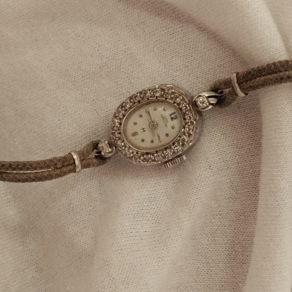 ANTIQUE LADY HAMILTON .35CT OLD MINE DIAMOND 14KT WHITE GOLD OVAL WATCH